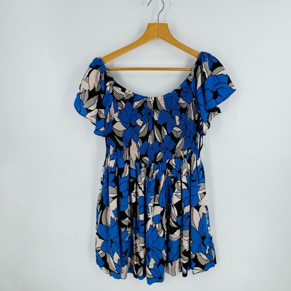 Free People Indigo Floral Smocked Mini Dress Boho Peasant Puff Sleeve Size M - Picture 11 of 11